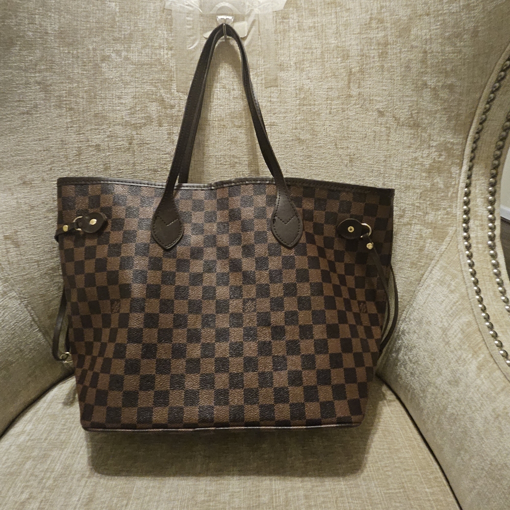 Brown Check Tote Bag with Double Handles